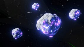 asteroids flies through space to the Earth. Seamless loop 3d animation. Outer space. space and science concept. blue and purple bright glow