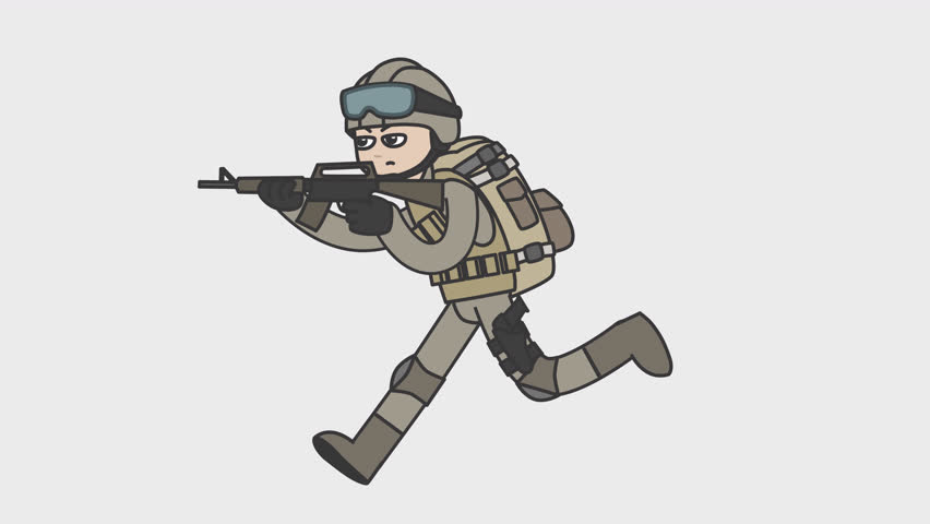 2d animation of white male soldier runs holding automatic gun in his hands. Looped 4K video with alpha-channel.