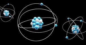Animation of atom models spinning on black background. Global science, research, connections, computing and data processing concept digitally generated video.