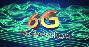 Animation of 6g 6th generation text and data processing and network of connections. Global artificial intelligence, connections, computing and data processing concept digitally generated video.