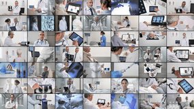 medical health care professionals working video montage spit multi screen,collage of healthcare workers,equipment,patients,doctors work in hospital