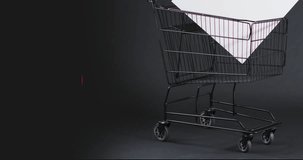 Animation of cyber monday text over shopping trolley. Sales, retail, cyber shopping, digital interface, communication, computing and data processing concept digitally generated video.