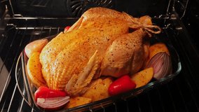 Process of cooking whole chicken with potatoes in the oven Close up. Time lapse - Powered by Shutterstock - Get 15% off with code: PIKWIZARD15