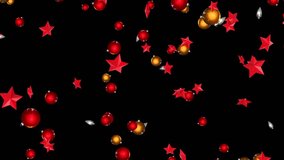Falling 3D Christmas Ornaments, Stars, Balls, Pine Cones Animation. Xmas, Winter, Celebration, Anniversary, Party. Matte Channel Video. High Quality 4K Resolution.