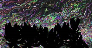 Leaves and flashing ring light over colorful liquid swirl background. Abstract, nature, technology, energy, digital interface, connection and communication digitally generated video.