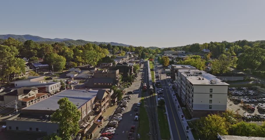 Blue Ridge Georgia Aerial v7 cinematic drone flyover charming town center along scenic railway track capturing beautiful townscape and mountainscape views - Shot with Mavic 3 Cine - October 2022 Royalty-Free Stock Footage #1108572785