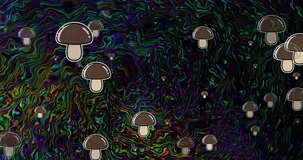 Mushrooms moving over multicoloured liquid swirl background. Abstract, trip, magic mushrooms, energy, digital interface, connection and communication digitally generated video.