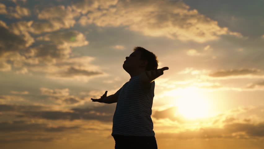 Boy Child raised his hands to sky in park at sunset, childhood dreams. Happy family. true faith. Little boy prays against background of sky, sun. Religion and god, Child boy plays in park against sky Royalty-Free Stock Footage #1108574133