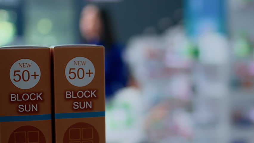 Portrait of happy client in drugstore looking at high SPF sunscreen products. Customer browsing through medical products in well supplied pharmacy shop, searching for prescribed pharmaceutical drug