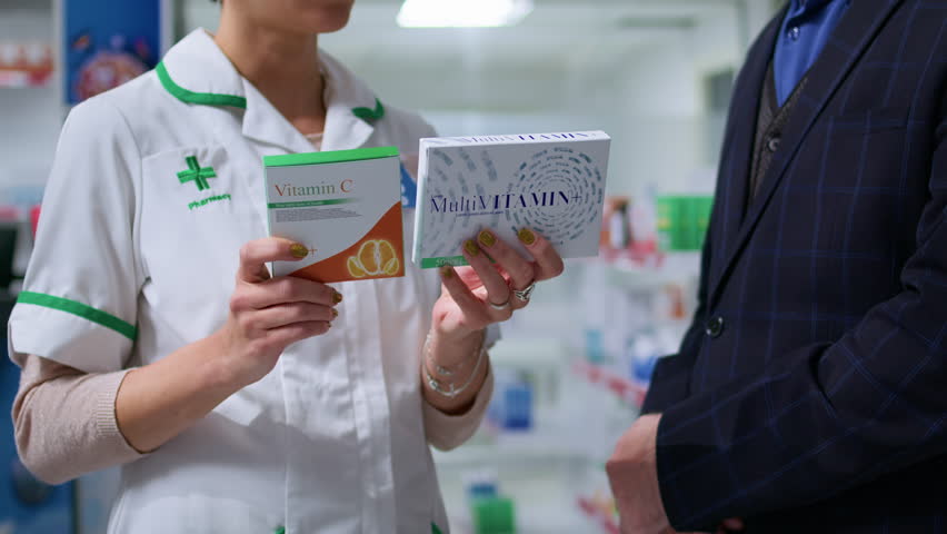 Close up shot of supplements and multivitamins items in drugstore in pharmacy expert hands. Specialist debating which product is most suitable for curing customer sickness Royalty-Free Stock Footage #1108574431