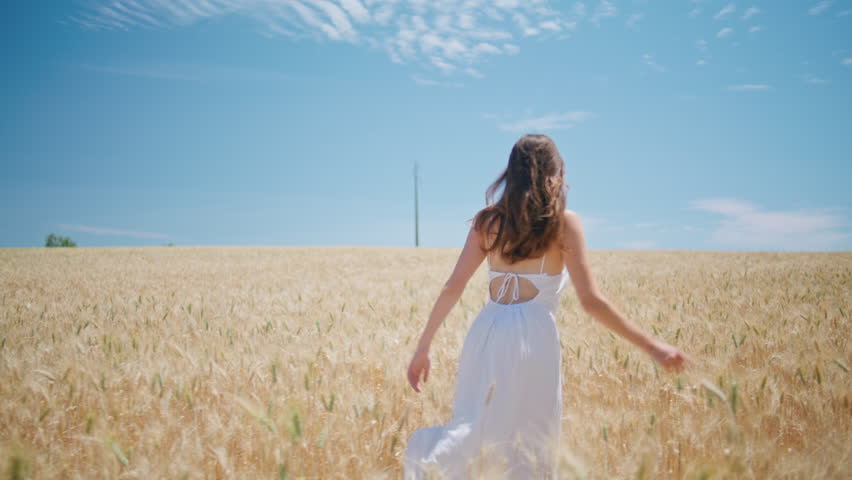Young woman moving spikelets meadow back view. Carefree girl feeling freedom running ripe wheat field. Happy joyful lady in white dress having fun turning camera in golden farmland. Summer vibes Royalty-Free Stock Footage #1108574637