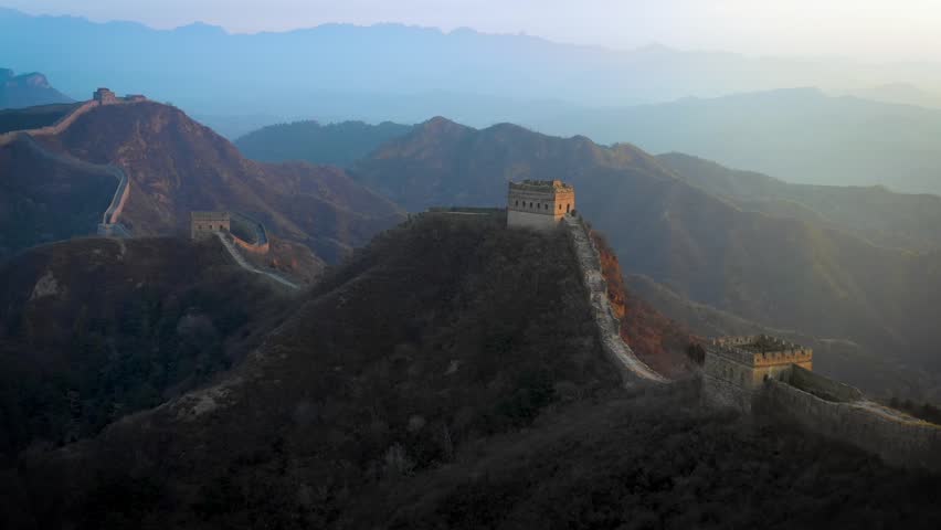 Aerial shot of the Great Wall of China at sunrise. Royalty-Free Stock Footage #1108575273
