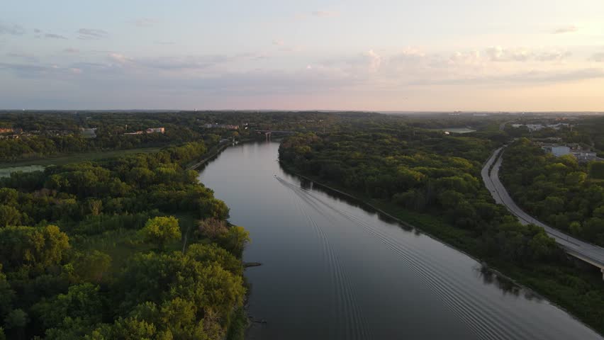 Drone Shot of Mississippi River in St. Paul Minnesota at Sunset