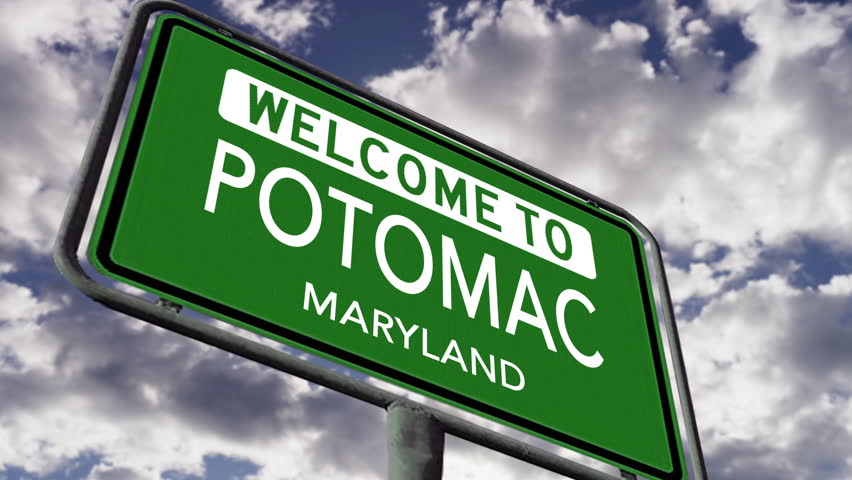 Welcome to Potomac, Virginia. USA City Road Sign Close Up, Realistic Animation