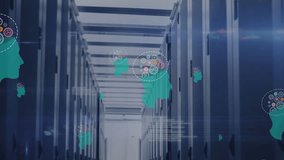 Animation of icons in human brain and computer language over server room. Digital composite, human representation, data center, networking, technology and network server concept. - Powered by Shutterstock - Get 15% off with code: PIKWIZARD15