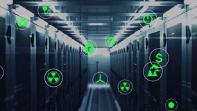 Animation of icon in circles over bars on data server racks in server room. Digital composite, hazardous, recycle, environment, data center, networking, technology, network server concept. - Powered by Shutterstock - Get 15% off with code: PIKWIZARD15