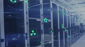 Animation of icons and computer language with lens flares over data server racks in server room. Digital composite, hazardous, recycle, environment, data center, networking, technology concept. - Powered by Shutterstock - Get 15% off with code: PIKWIZARD15