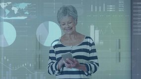 Animation of infographic interface over smiling senior caucasian woman using smartphone. Digital composite, multiple exposure, report, business, global, retirement and technology concept. - Powered by Shutterstock - Get 15% off with code: PIKWIZARD15
