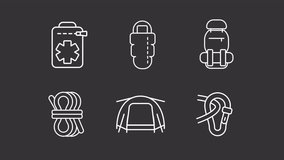 Set of white line icon animations representing hiking gear, HD video with transparent background, seamless loop 4K video.