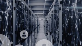 Animation of profile icons over connected dots and lens flares on data server racks in server room. Digital composite, business, communication, data center, networking, technology and network server. - Powered by Shutterstock - Get 15% off with code: PIKWIZARD15