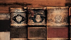 Old Books with a luxurious cover leather binding history library Row bookshelf of Antique Vintage Book