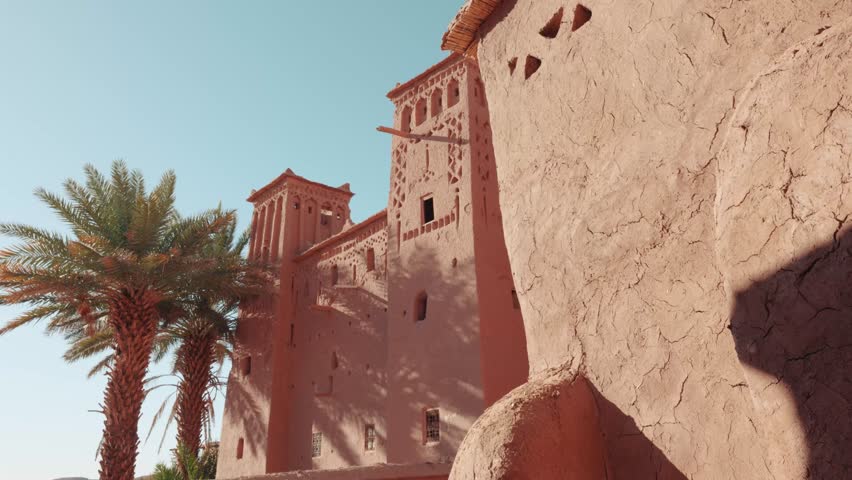 Wide view of traditional mud buildings in Ait Ben Haddou, Morocco.