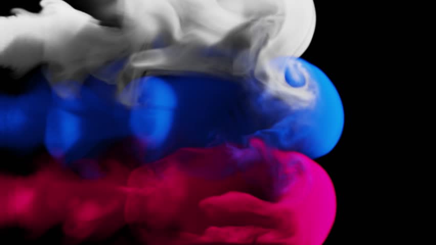 Puffs of multi-colored smoke move from left to right on a black background. Flag of the Russian Federation. 3d illustration. 3D Illustration