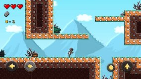 Animation of the classic adventure arcade game with pixel graphics. Animation of the pixel adventure hero going through a level. Animation of the adventure character fighting the pixel monster.