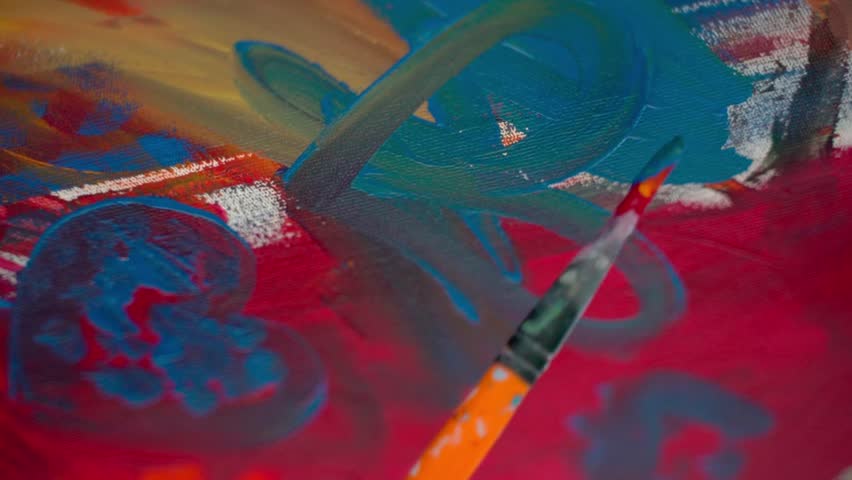 Close up paintbrush acrylic and oil paint on canvas. Lesson at Art School for Adults Children in Art Class with painting. Royalty-Free Stock Footage #1108591111