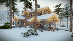 4K video rendering of modern cozy chalet with pool and parking for sale or rent. Beautiful forest mountains on background. Massive timber beams columns. Christmas garlands in New Year holidays