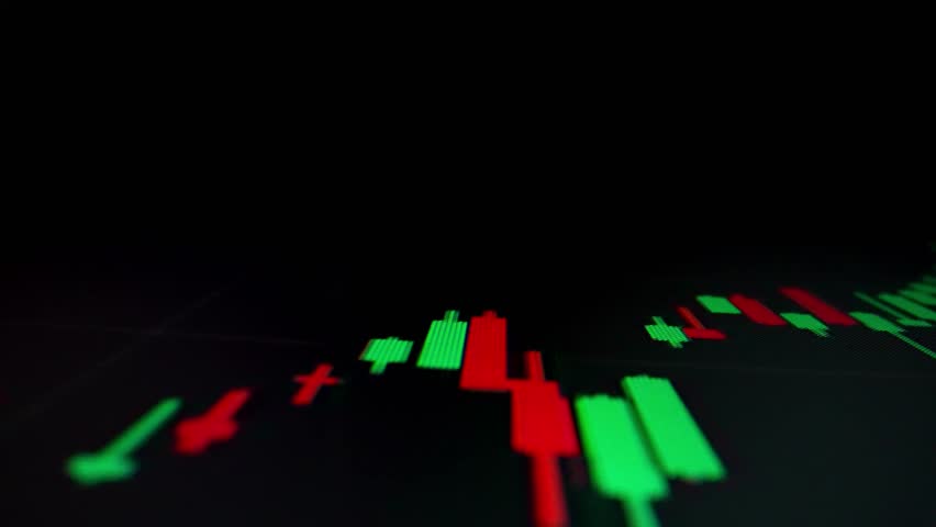 Closeup macro shot movement of stock graph displayed on LED screen showing growth chart as economic boom or bull market point concept. Positive stock market exchange suitable for financial investment. Royalty-Free Stock Footage #1108596465