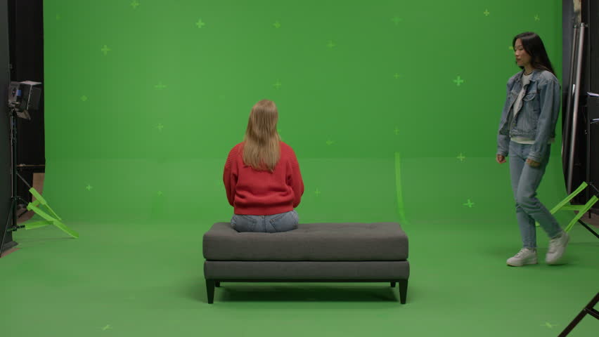 GREEN SCREEN CHROMA KEY Two females student pretending she is visiting art exhibition  | Shutterstock HD Video #1108596607