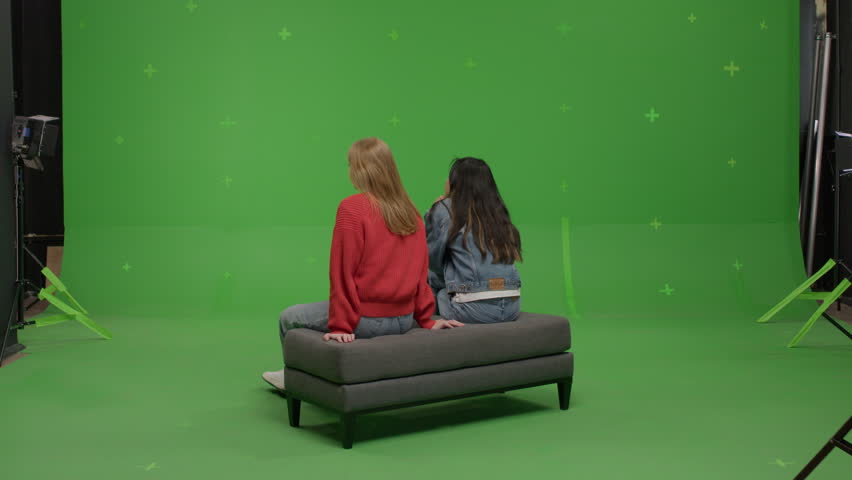 GREEN SCREEN CHROMA KEY Two females student pretending she is visiting art exhibition  | Shutterstock HD Video #1108596609