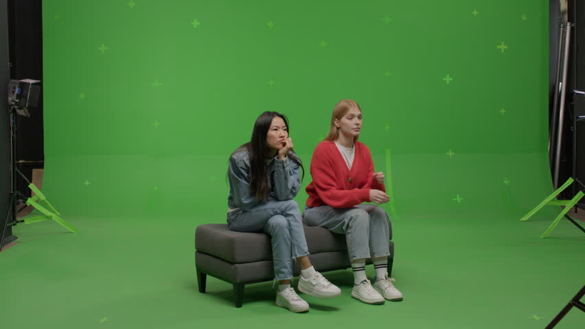GREEN SCREEN CHROMA KEY Two females student pretending she is visiting art exhibition  | Shutterstock HD Video #1108596611