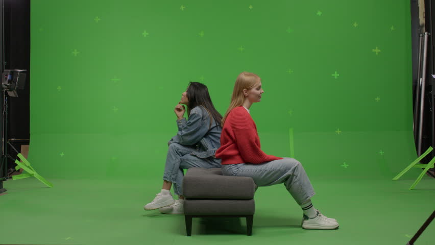 GREEN SCREEN CHROMA KEY Two females student pretending she is visiting art exhibition  | Shutterstock HD Video #1108596613