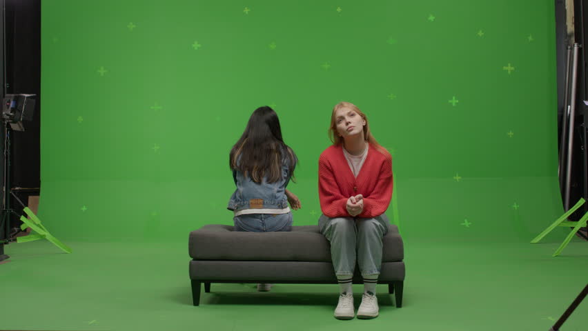 GREEN SCREEN CHROMA KEY Two females student pretending she is visiting art exhibition  | Shutterstock HD Video #1108596615