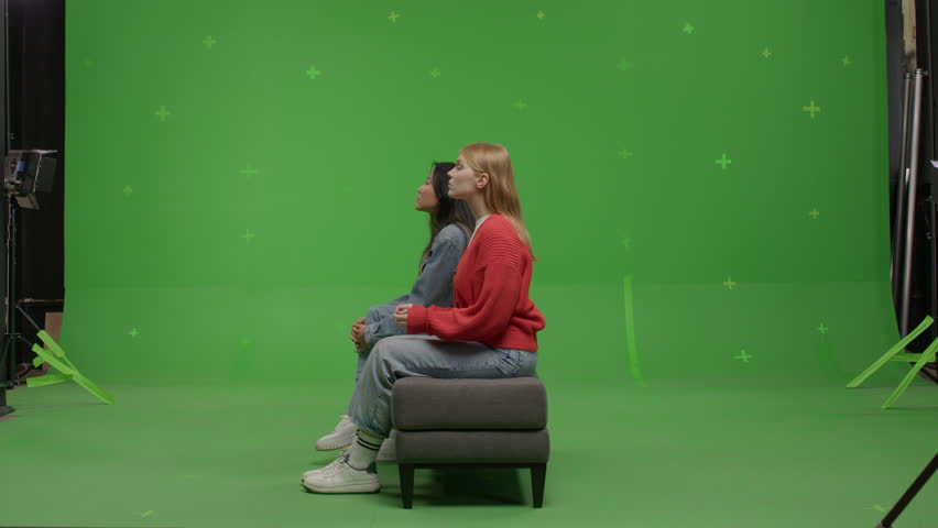 GREEN SCREEN CHROMA KEY Two females student pretending she is visiting art exhibition  | Shutterstock HD Video #1108596617