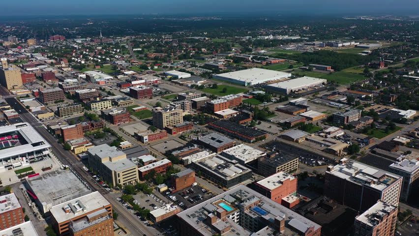 Aerial view over the Downtown West cityscape of Saint Louis, in sunny Missouri, USA