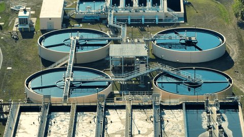 Modern water cleaning facility at urban wastewater treatment plant. Purification process of removing undesirable chemicals, suspended solids and gases from contaminated liquid 库存视频