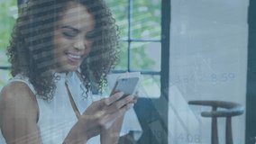 Animation of infographic interface, smiling biracial woman using smartphone while drinking coffee. Digital composite, report, business, global, beverage, drink and technology concept. - Powered by Shutterstock - Get 15% off with code: PIKWIZARD15