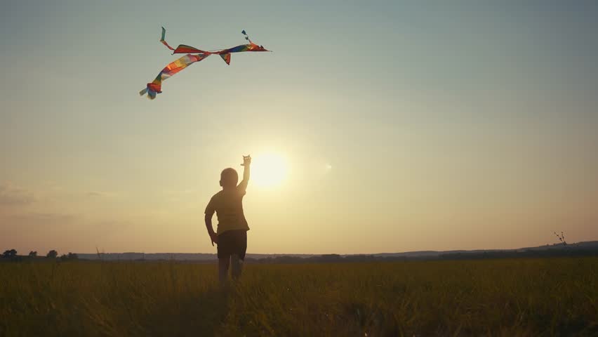 kite boy running parkboy running with a kite. happy family kid dream concept. boy son running with his back at sunset silhouette playing with kite glare with of the sun. happy child playing with a Royalty-Free Stock Footage #1108601663