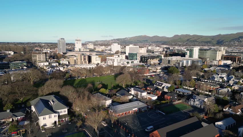 Christchurch, New Zealand: Aerial drone footage of Christchuch city center with the Cranmer Square, the convention center and the cathedral in the south island largest city in Canterbury province. 