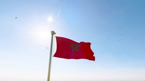 Flag of Morocco waving in the wind, sky and sun background. Morocco Flag Video. Realistic Animation.