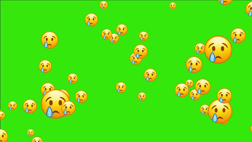 Crying emoji. Sad emoticon face with tear drop. Animated falling emojis. Social media icons symbol animation with green screen background.