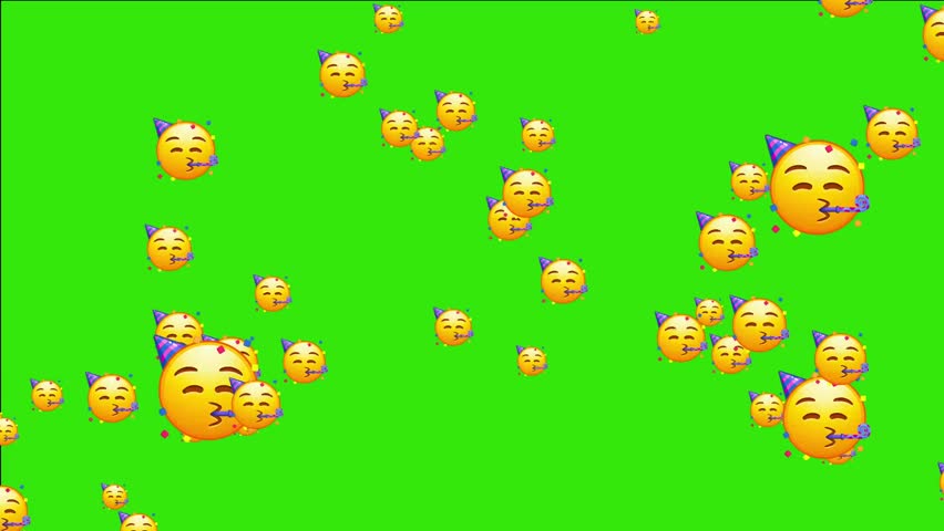 Emoticon with party horn and hat, celebrating. Animated falling emojis. Social media icons symbol animation with green screen background.