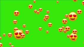 Emoji with heart shaped eyes. In love emoticon, yellow face with heart-eyes and open smile. Animated falling emojis. Social media icons symbol animation with green screen background. - Powered by Shutterstock - Get 15% off with code: PIKWIZARD15