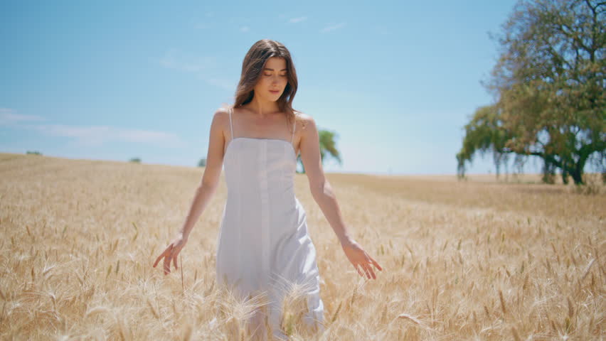 Relaxed woman strolling sunlight farmland. Smiling lady enjoying nature landscape walking morning meadow. Serene beautiful model hand touching wheat stalks at agriculture harvest. Simple pleasures  Royalty-Free Stock Footage #1108618425
