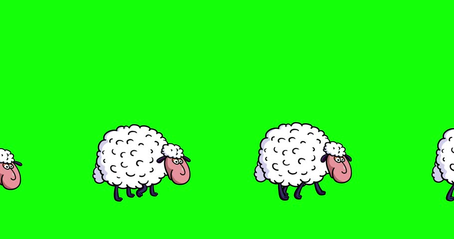 Sheep 2 sleep multi characters white with black outline greenbox. Cartoon character walking from left to right and jumping. Good for lullaby, counting to sleep. God for sleepless nights. Seamless loop