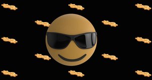 Animation of emoji sunglasses icon over american dollar signs on black background. Global social media, computing and data processing concept digitally generated video.