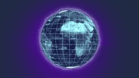 Animation of globe with network of connections with purple glow on black background. Global connections, networks and world concept digitally generated video.